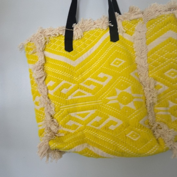 Raj Anthropology Yellow Black Fringe Embrodiered Leather Shoulder Bag Tote Purse - Picture 5 of 16